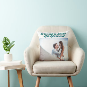 Girlfriend with green typography photo throw pillow