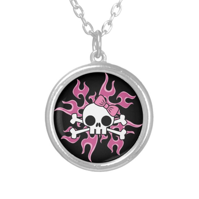 Girlie Flaming Skull Silver Plated Necklace (Front)