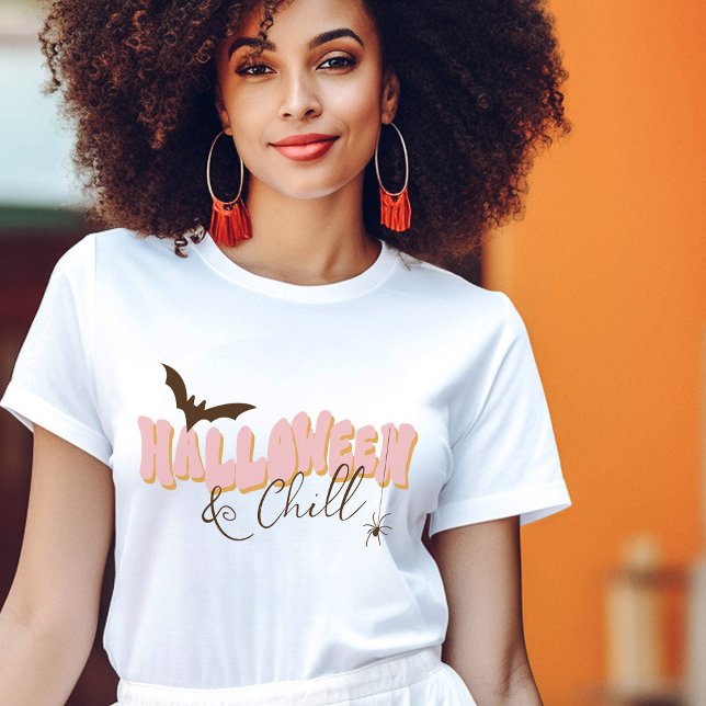 Girlie Halloween Retro Pink Orange Typography Fun Tri-Blend Shirt (Girlie hand drawn typography Halloween design featuring pink and orange retro lettering, bat, spider)