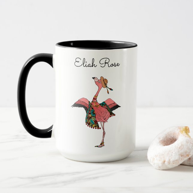 Girlie Personalized Pink Bohemian Flamingo & Name Mug (With Donut)