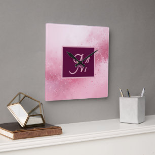 Girlie Pink Feminine abstract marble Sparkle Dust Square Wall Clock