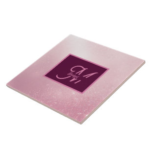 Girlie Pink Feminine Soft Sparkle Ombre monogram Ceramic Tile