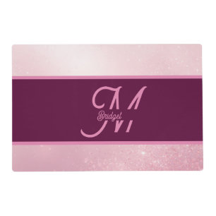 Girlie Pink Feminine Soft Sparkle Ombre monogram Placemat