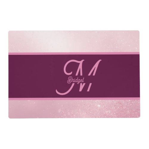 Girlie Pink Feminine Soft Sparkle Ombre monogram Placemat