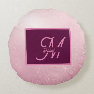 Girlie Pink Feminine Soft Sparkle Ombre monogram Round Pillow