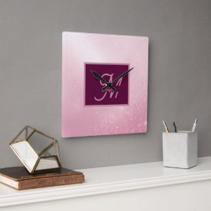 Girlie Pink Feminine Soft Sparkle Ombre monogram Square Wall Clock