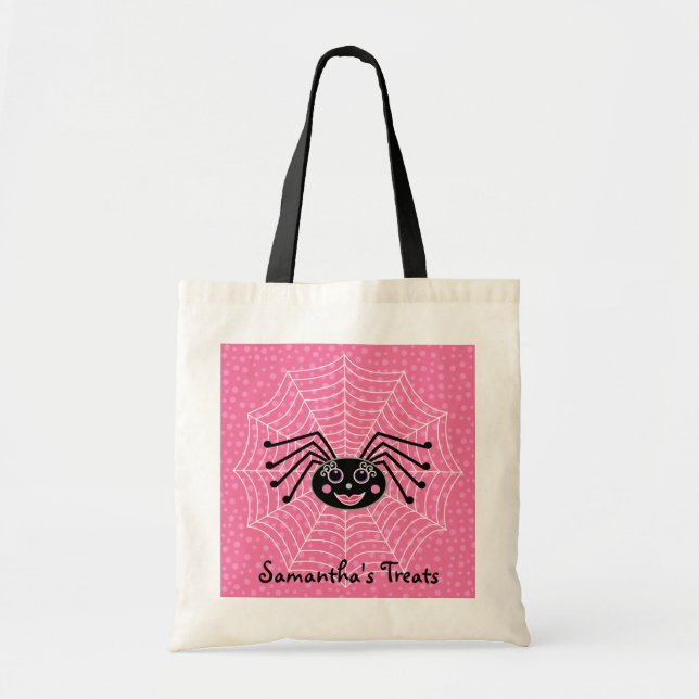 Girlie Spider on Web Personalized Halloween Treat Tote Bag (Front)
