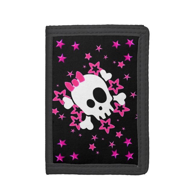 Girlie White Skull Cartoon Black Wallet (Front Vertical)