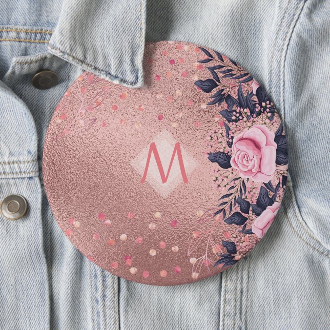 Girliest Ever ROSEGOLD Blue Pink Floral MONOGRAM Button (In Situ)