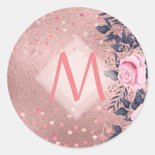 Girliest Ever ROSEGOLD Blue Pink Floral MONOGRAM Classic Round Sticker
