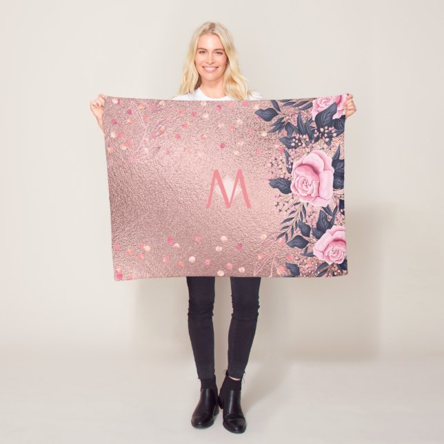 Girliest Ever ROSEGOLD Blue Pink Floral MONOGRAM Fleece Blanket (In Situ)