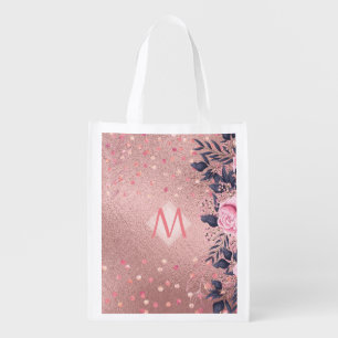 Girliest Ever ROSEGOLD Blue Pink Floral MONOGRAM Grocery Bag