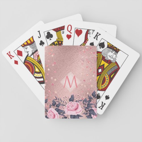 Girliest Ever ROSEGOLD Blue Pink Floral MONOGRAM Poker Cards