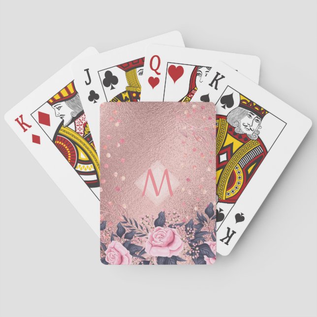 Girliest Ever ROSEGOLD Blue Pink Floral MONOGRAM Poker Cards (Back)