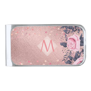 Girliest Ever ROSEGOLD Blue Pink Floral MONOGRAM Silver Finish Money Clip