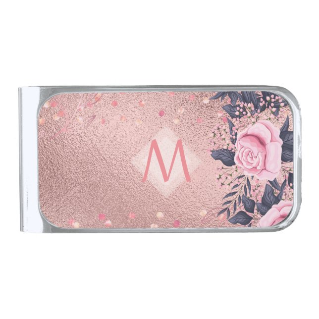 Girliest Ever ROSEGOLD Blue Pink Floral MONOGRAM Silver Finish Money Clip (Front)