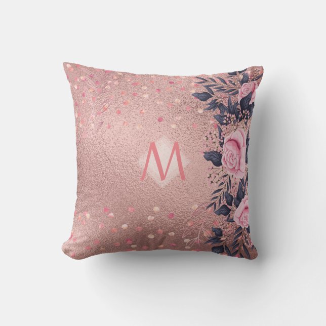 Girliest Ever ROSEGOLD Blue Pink Floral MONOGRAM Throw Pillow (Front)