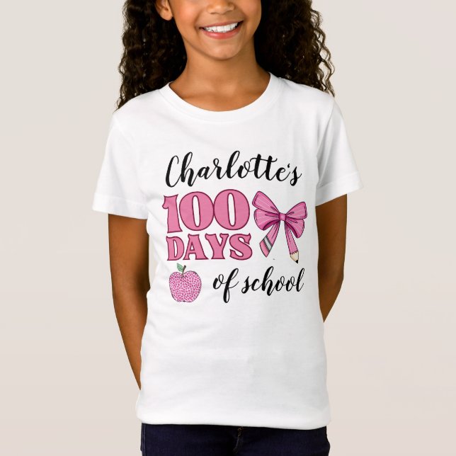 Girls 100 Days of School Pink Pencil Bow T-Shirt (Front)