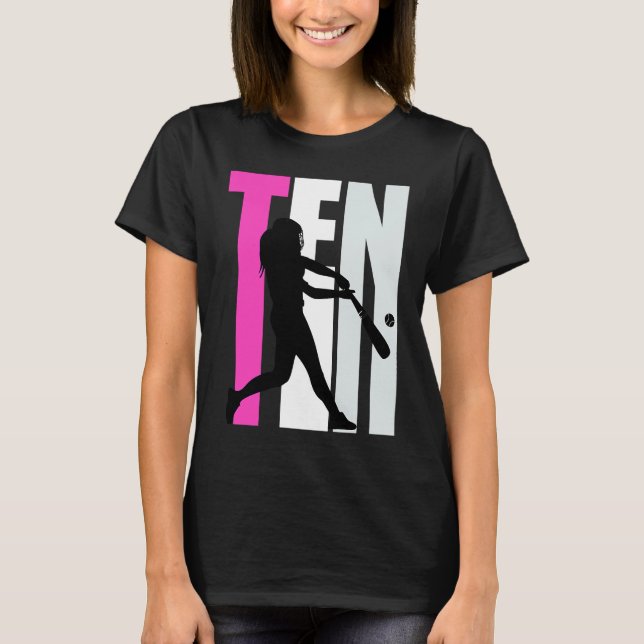 Girls 10th Baseball Birthday Pink Softball Queen B T-Shirt (Front)