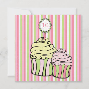 Girls 10th Birthday Cupcake Striped Party Invite