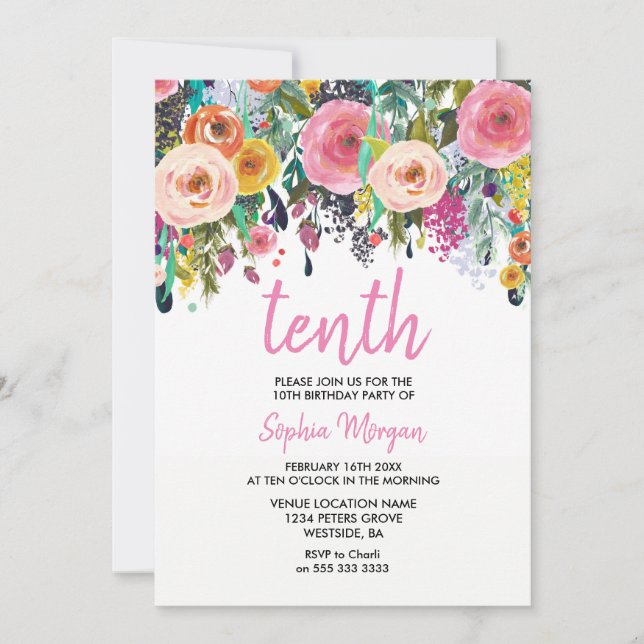 Girls 10th Birthday Party Invite Pink Flower Peach (Front)