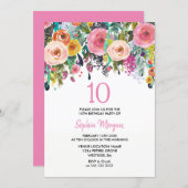 Girls 10th Birthday Party Invite Pink Flowers (Front/Back)