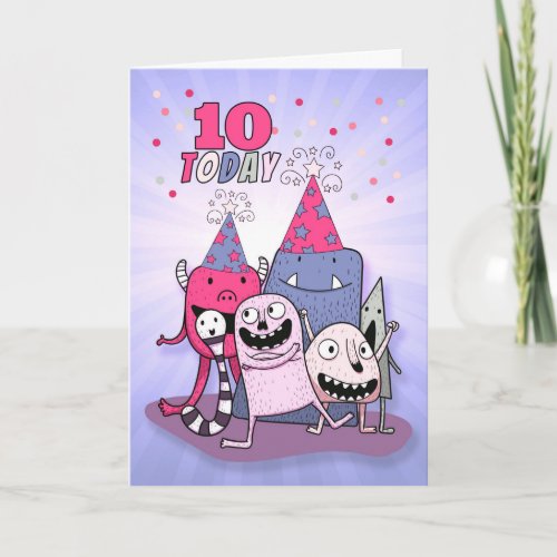 Girls 10th Birthday Pink n Purple Cartoon Monsters Card