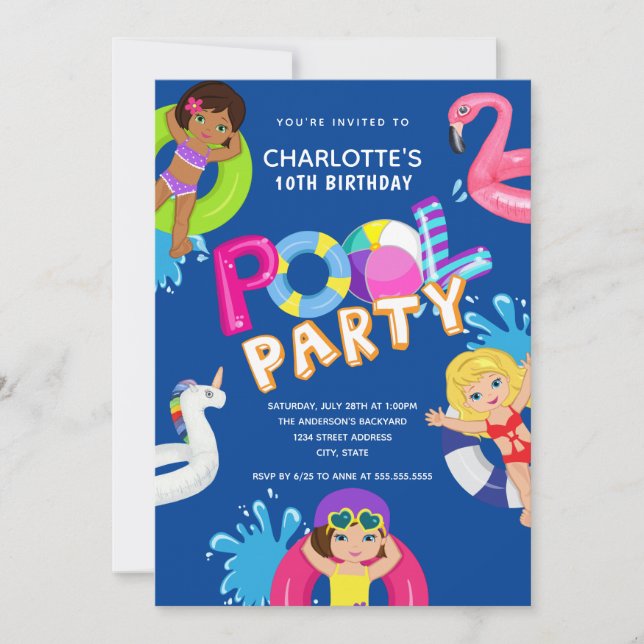 Girls 10th Birthday Pool Party Invitation (Front)