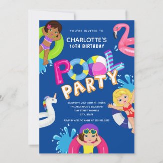 Girls 10th Birthday Pool Party Invitation