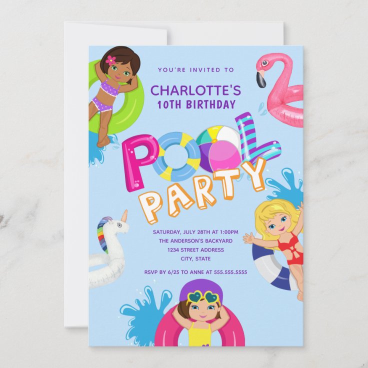 Girls 10th Birthday Pool Party Invitation Zazzle 0961