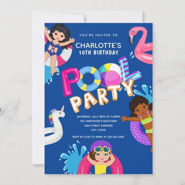 Girls 10th Birthday Pool Party Invitation (Front)