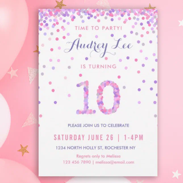 Girls 10th Birthday Tenth Birthday Confetti Party Invitation | Zazzle