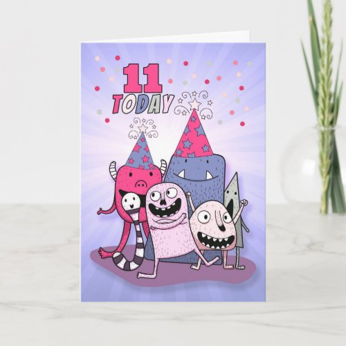 Girls 11th Birthday Pink n Purple Cartoon Monsters Card