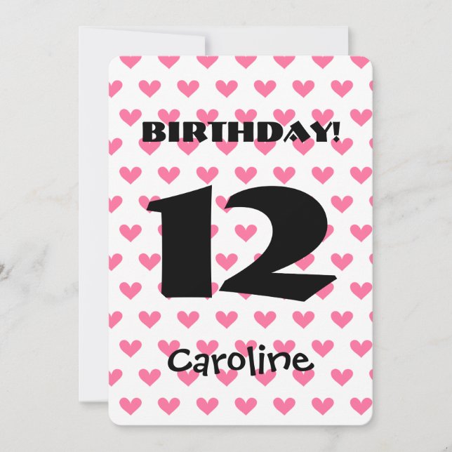 Girl's 12th Birthday Custom Name Modern W11 HEARTS Invitation (Front)