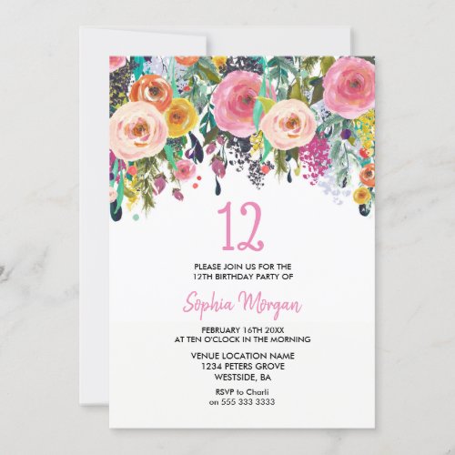 Girls 12th Birthday Party Invite Pink Flowers