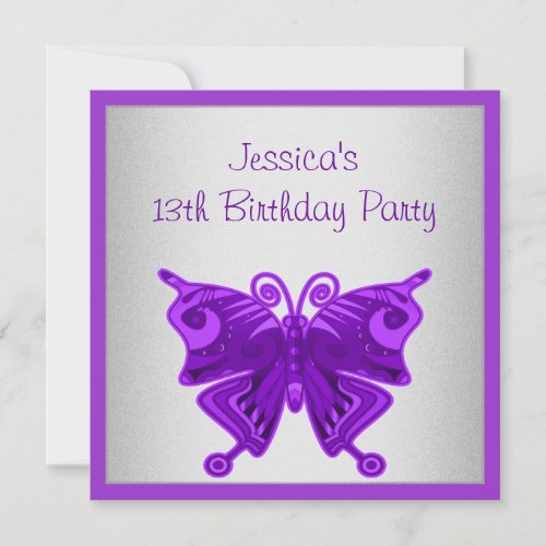 Girls 13th Birthday Bright Purple Butterfly Silver Invitation