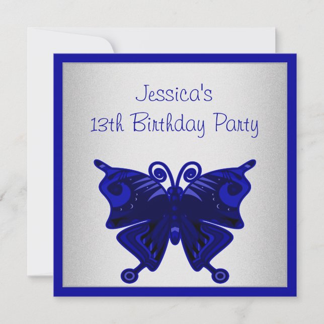 Girls 13th Birthday Cobalt Blue Butterfly Silver Invitation (Front)