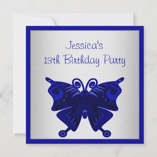 Girls 13th Birthday Cobalt Blue Butterfly Silver Invitation