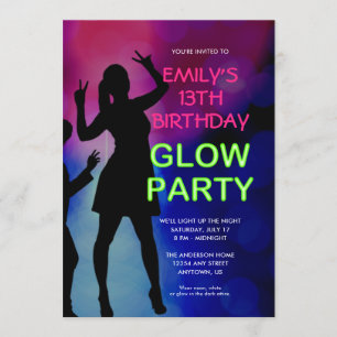 Girl's 13th Birthday Glow Party Invitation