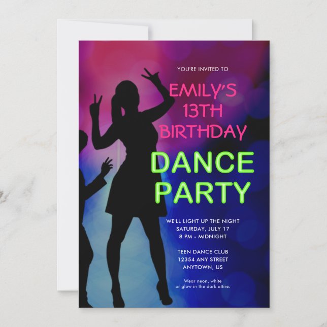 Girl's 13th Birthday Neon Dance Party Invitation (Front)