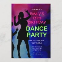 Girl's 13th Birthday Neon Dance Party Invitation
