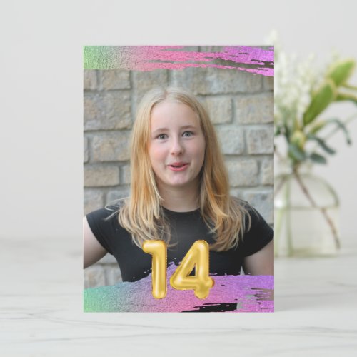 Girls 14th Birthday Balloon Photo Invitation