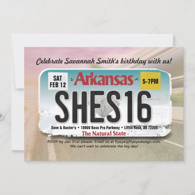 Girl's 16th Birthday Arkansas License Invitation (Front)