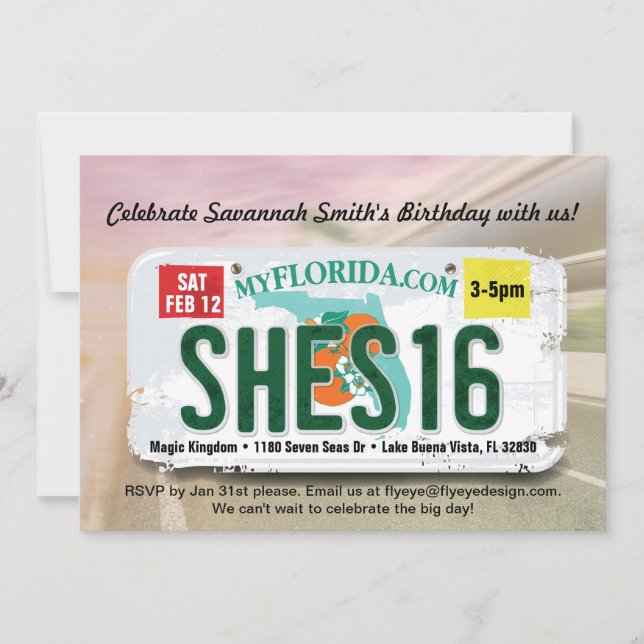 Girl's 16th Birthday Florida License Invitation (Front)
