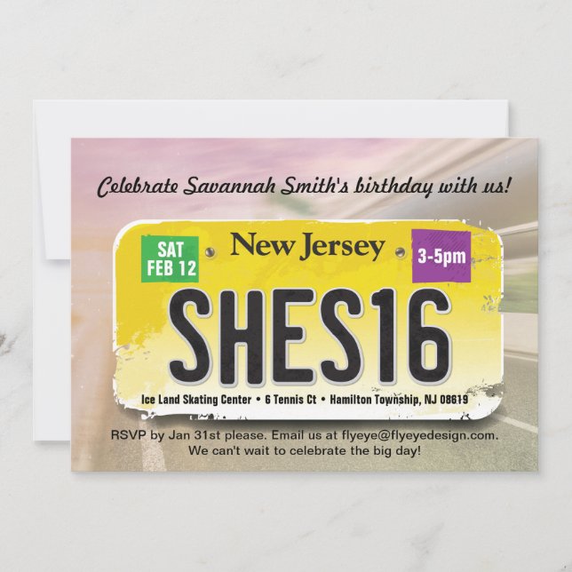 Girl's 16th Birthday New Jersey License Invitation (Front)