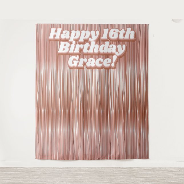 Girls 16th Birthday Rose Gold Faux Tinsel Backdrop (Front)