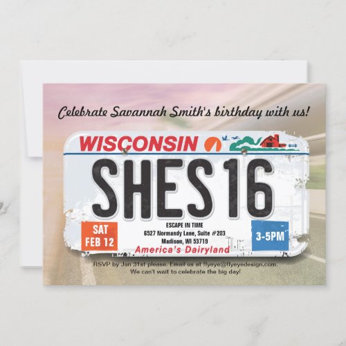 Girls 16th Birthday Wisconsin License Invitation