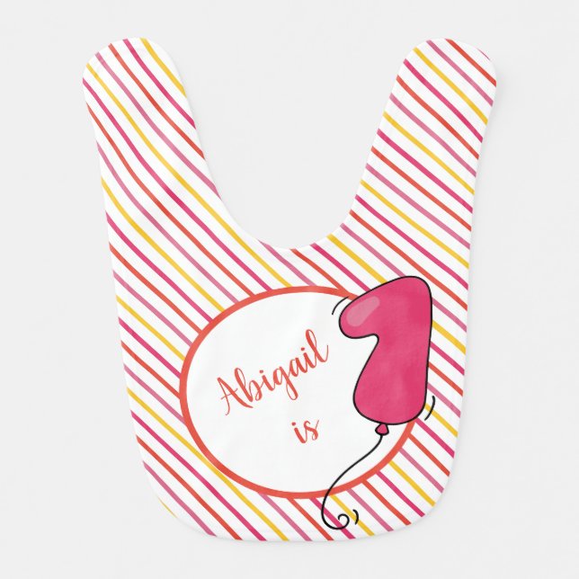 Girls 1st Birthday Balloon Themed Stripe Keepsake Baby Bib (Front)