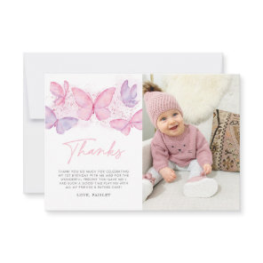 Girls 1st Birthday Butterfly Photo Thank You Card