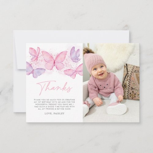 Girls 1st Birthday Butterfly Photo Thank You Card